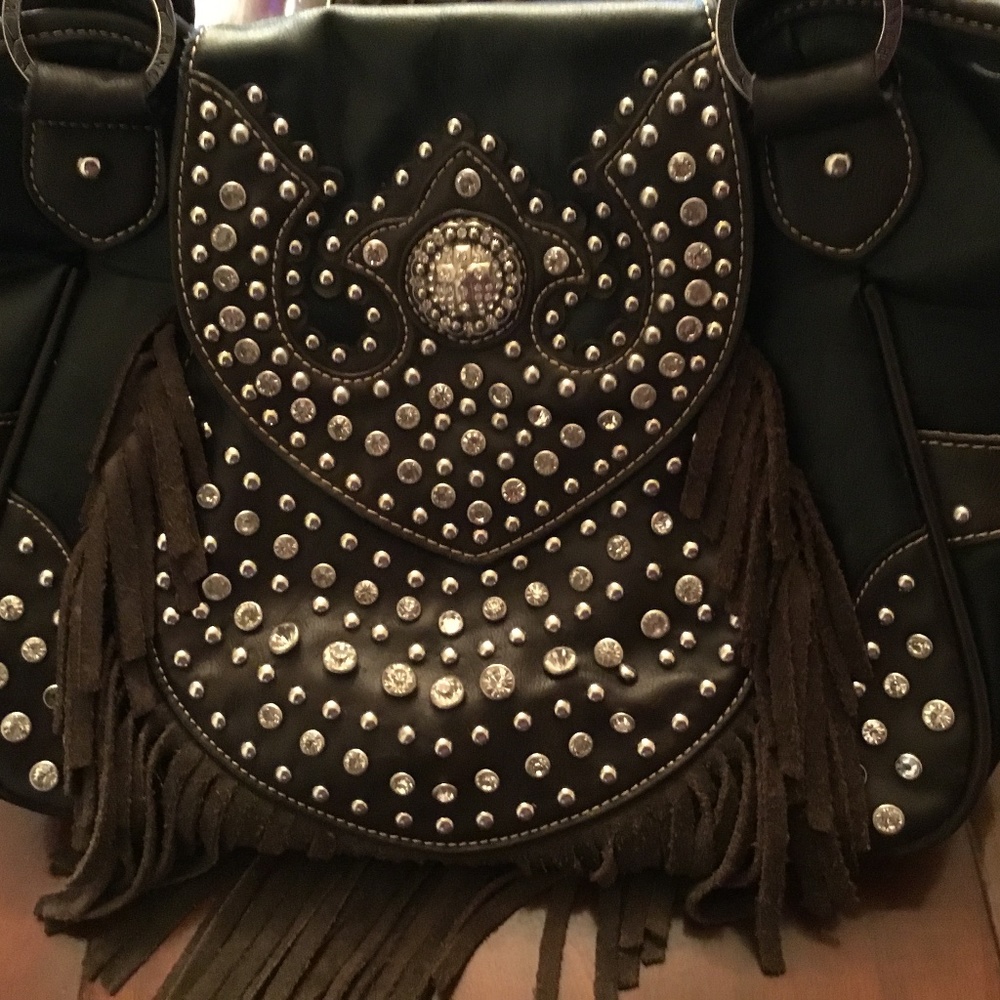 Womens Beautifu Leather Fringe Rhinestone Handbag